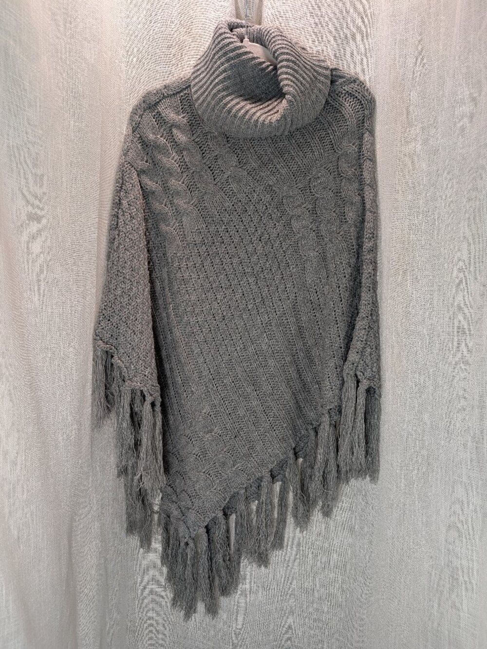 Cable Knit Fringe Poncho Turtleneck Sweater Boho Gray One Size